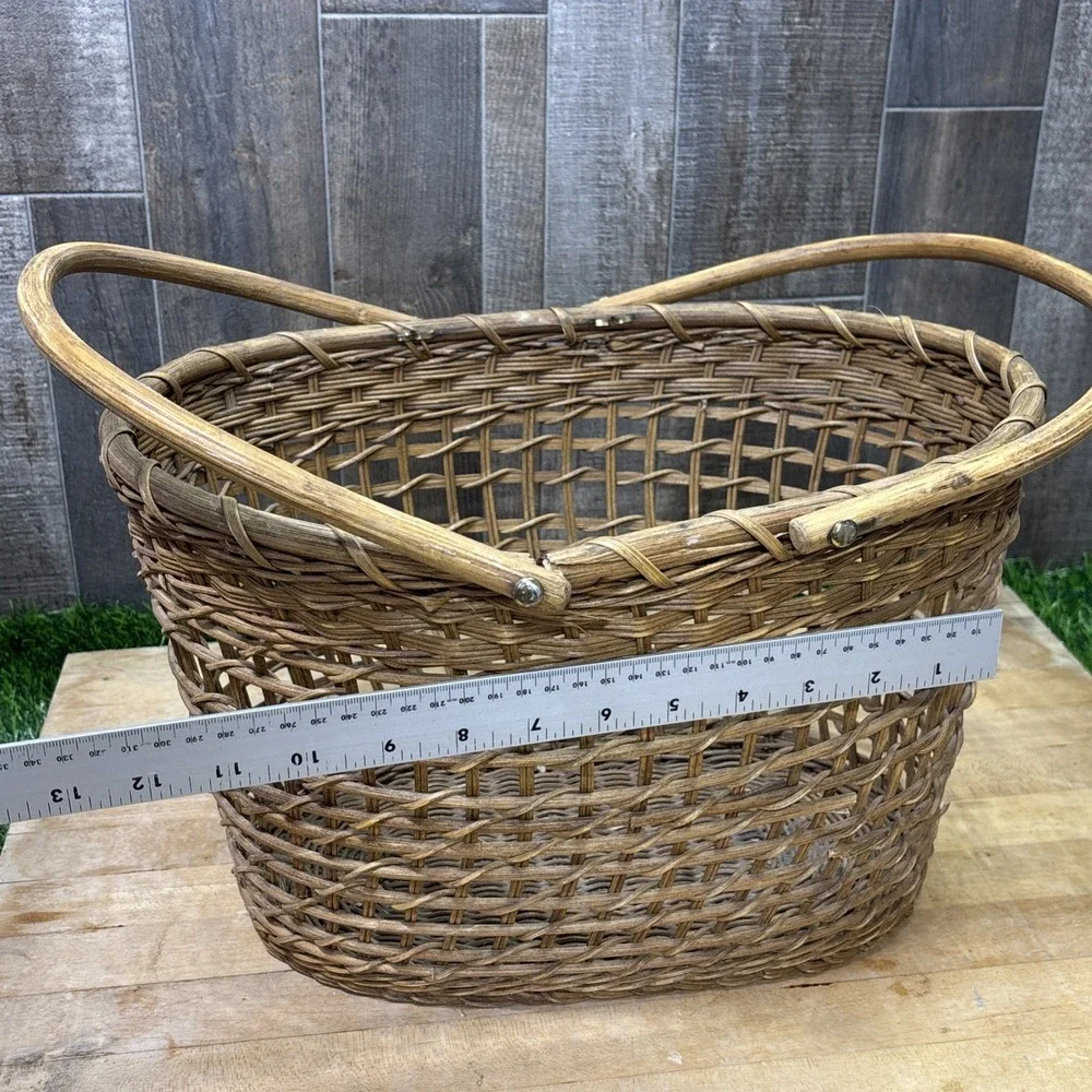 Vintage Wicker Market Basket Double Handles Rustic Farmhouse Decor Large
